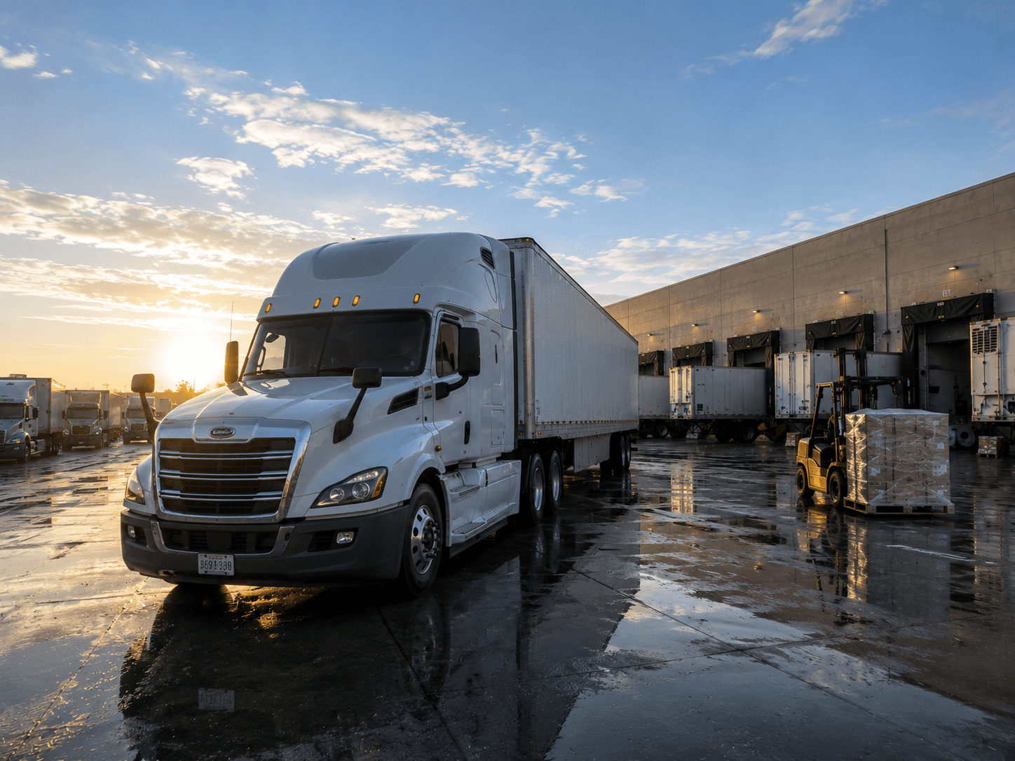 White semi truck parked near warehouse loading docks at sunrise, with forklifts moving pallets across the wet shipping yard.
